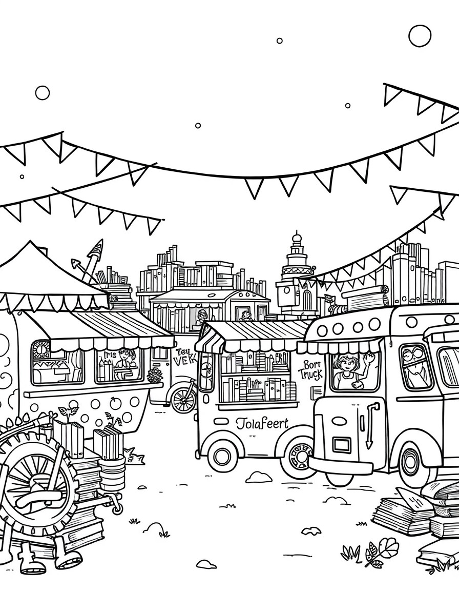 A lively, whimsical Literary Food Truck Festival in a detailed black-and-white coloring page style. Multiple book-themed food trucks are parked in a festival setting with banners, flags, and string li