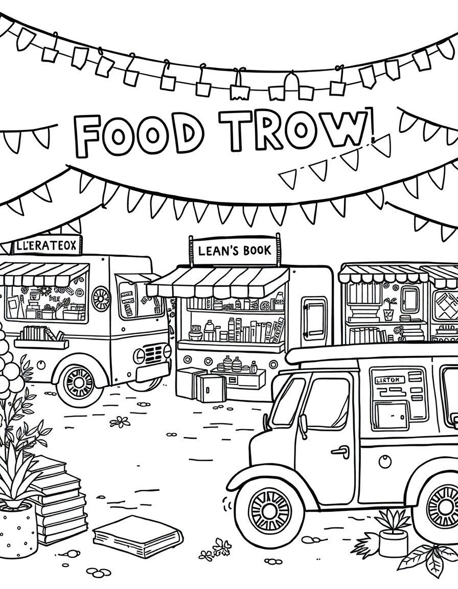 A lively, whimsical Literary Food Truck Festival in a detailed black-and-white coloring page style. Multiple book-themed food trucks are parked in a festival setting with banners, flags, and string li