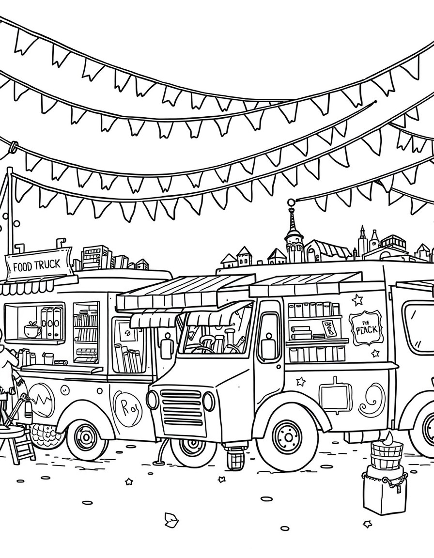 A lively, whimsical Literary Food Truck Festival in a detailed black-and-white coloring page style. Multiple book-themed food trucks are parked in a festival setting with banners, flags, and string li