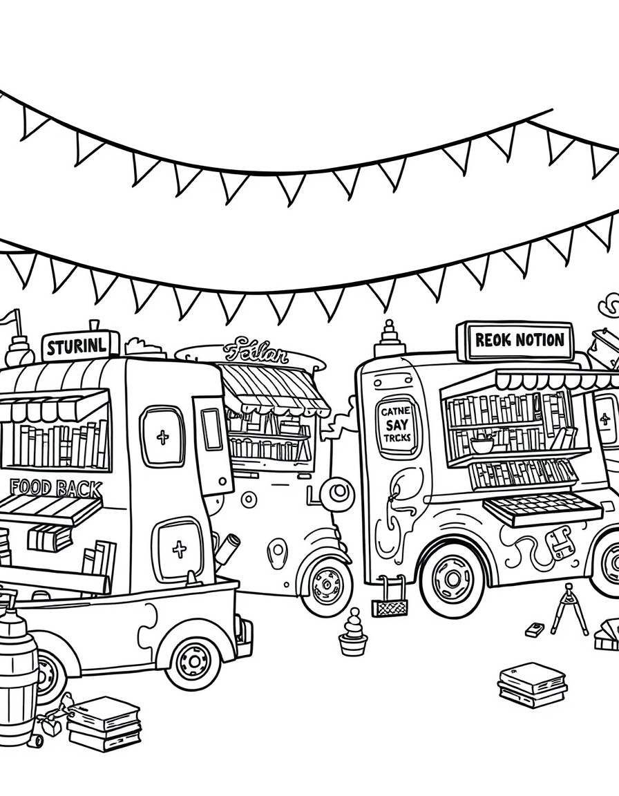 A lively, whimsical Literary Food Truck Festival in a detailed black-and-white coloring page style. Multiple book-themed food trucks are parked in a festival setting with banners, flags, and string li