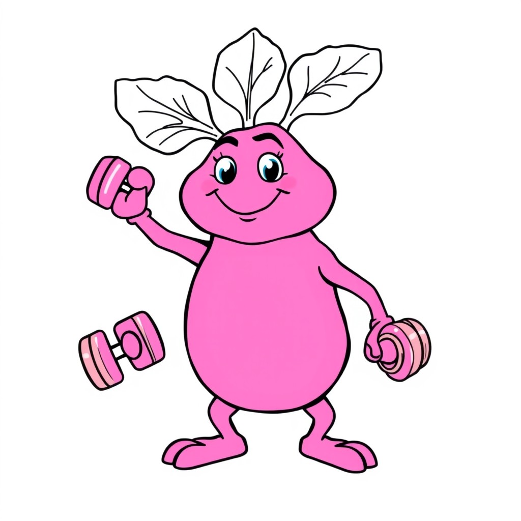 A rosy beet lifting tiny dumbbells with a determined face
