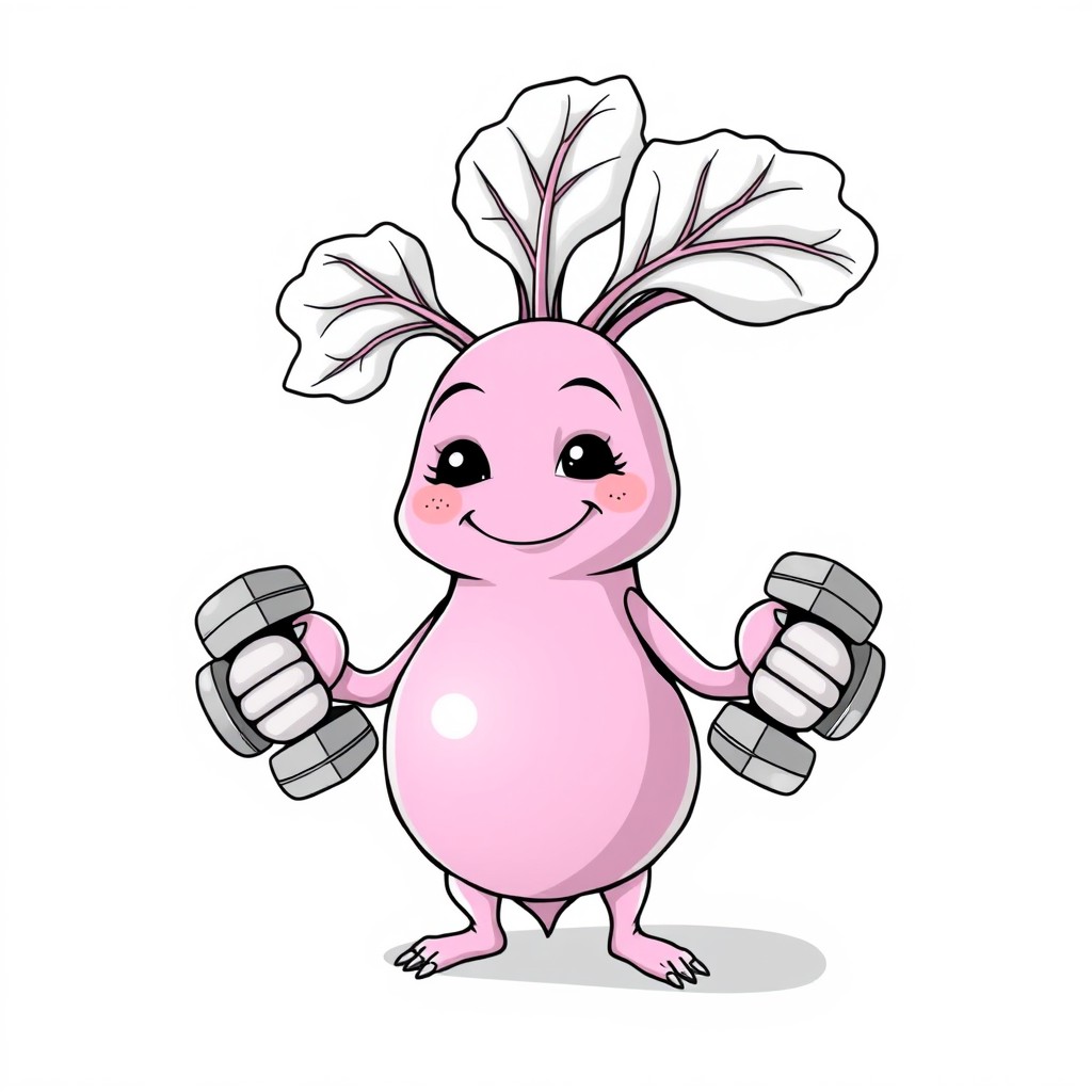 A rosy beet lifting tiny dumbbells with a determined face