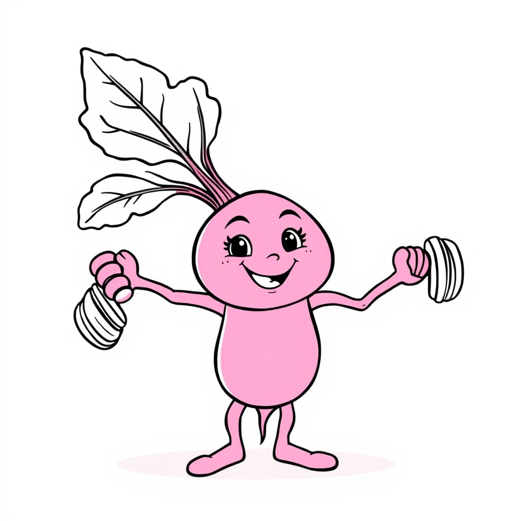 A rosy beet lifting tiny dumbbells with a determined face, in classic line drawing style