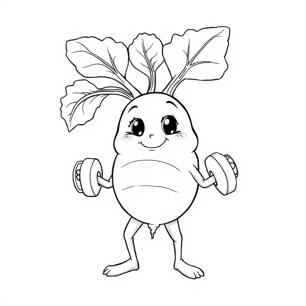 A rosy beet lifting tiny dumbbells with a determined face, in classic line drawing style
