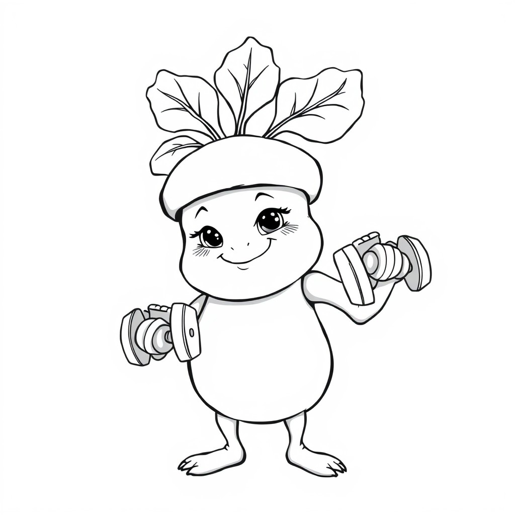 A rosy beet lifting tiny dumbbells with a determined face, in classic line drawing style