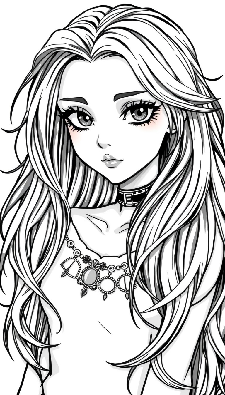 A mesmerizing punk rock and gothic anime girl exuding ethereal allure. Her alabaster skin contrasts with stormy grey eyes that shift with emotion. Raven-black waves cascade down her back, tipped in re