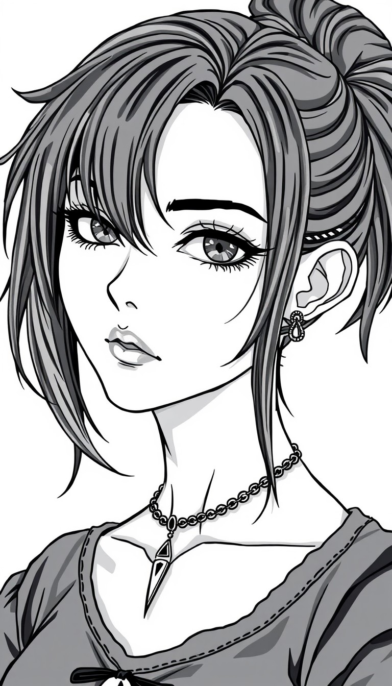 A mesmerizing punk rock and gothic anime girl exuding ethereal allure. Her alabaster skin contrasts with stormy grey eyes that shift with emotion. Raven-black waves cascade down her back, tipped in re