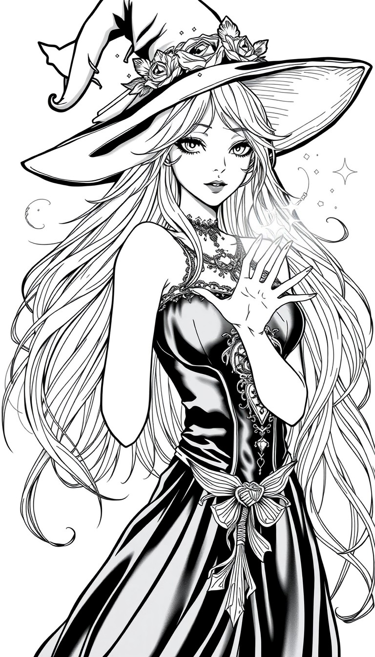 A beautiful gothic anime witch woman with long hair, she is casting a spell. The energy eminates around her and sparkles. She looks elegant and wistful.