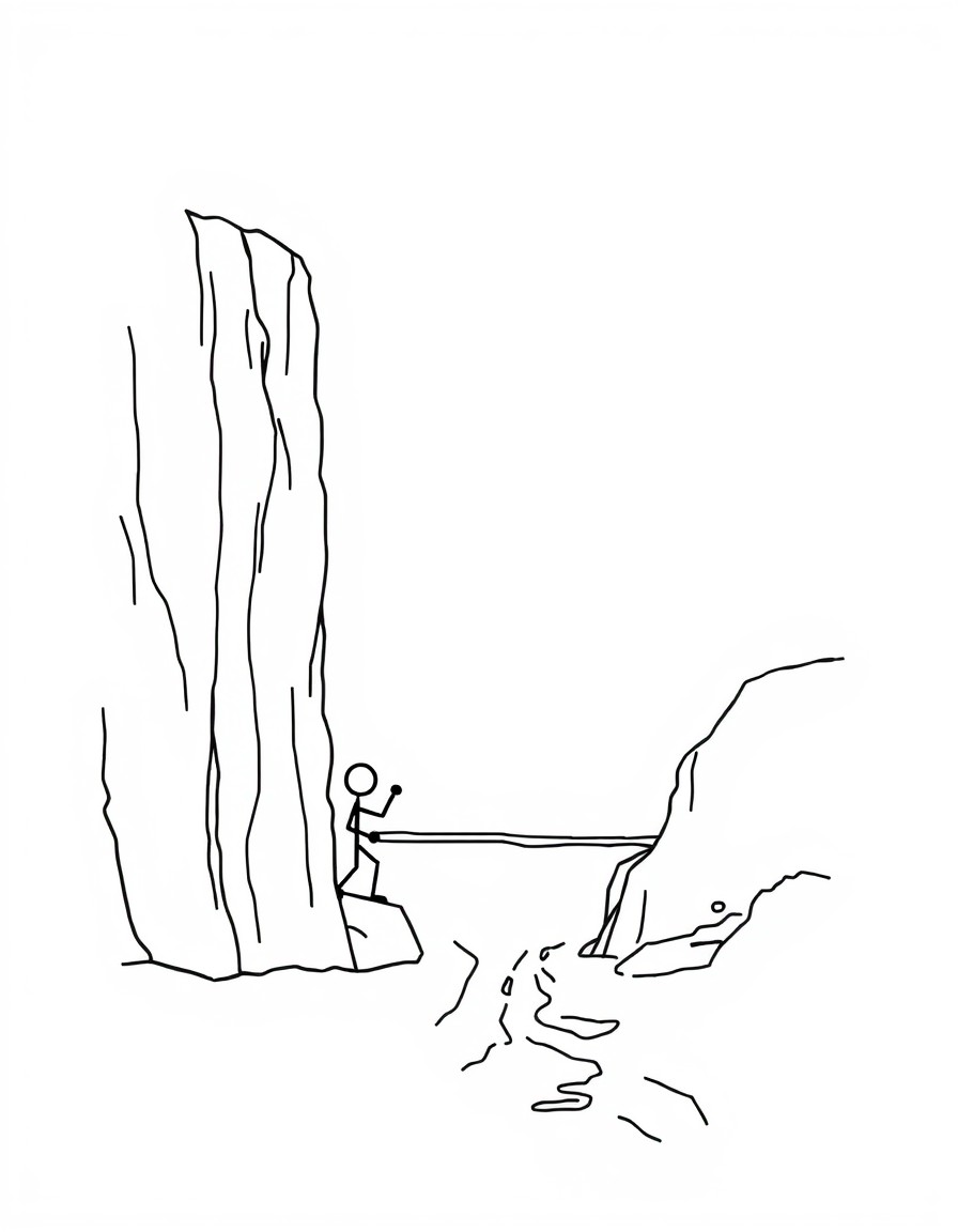 The stick figure encounters a large obstacle like a tall wall or a deep river while traveling. It tries different ways to overcome itclimbing, jumping, or finding a bridge.