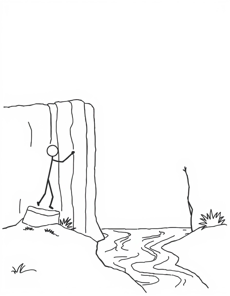 The stick figure encounters a large obstacle like a tall wall or a deep river while traveling. It tries different ways to overcome itclimbing, jumping, or finding a bridge.