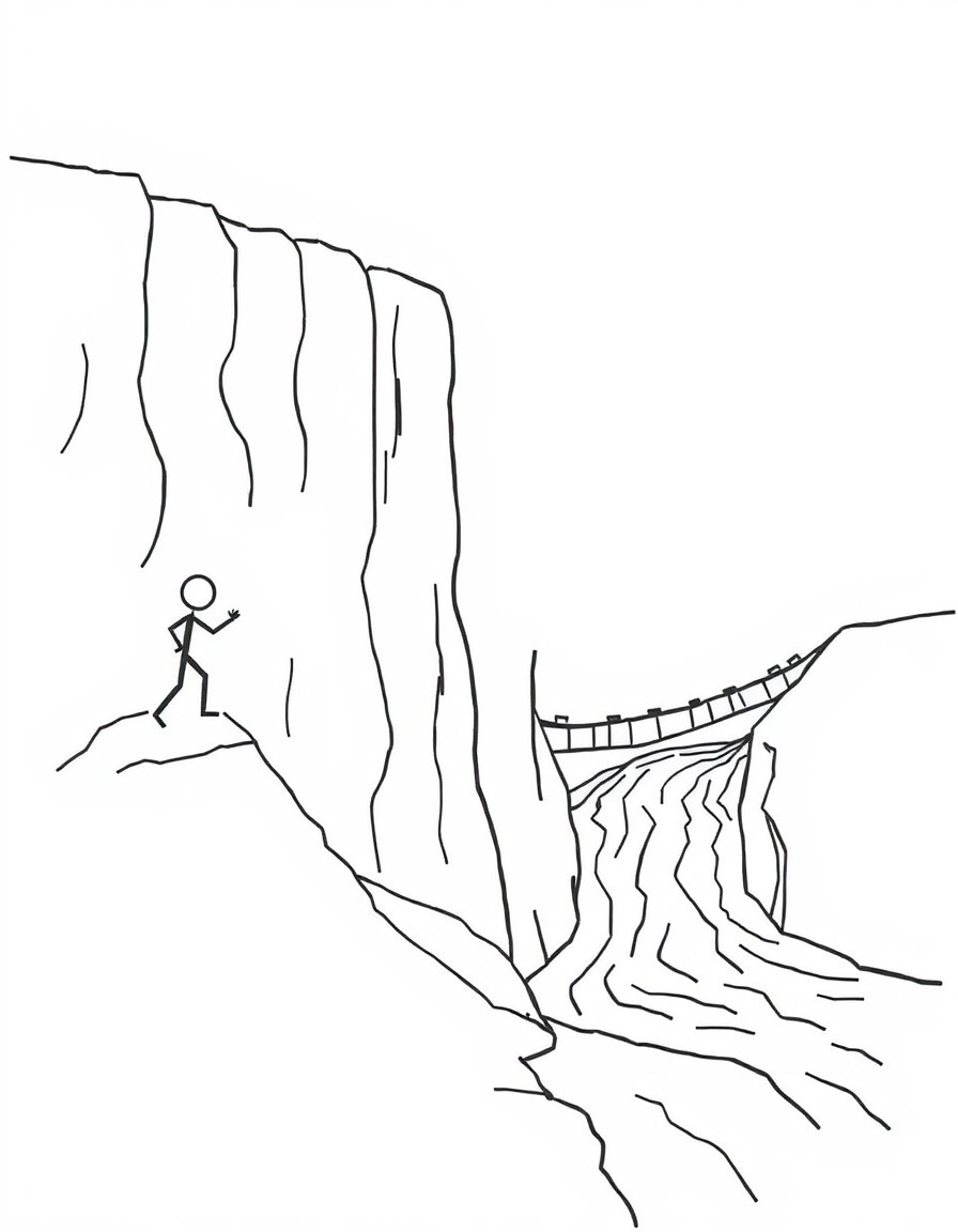 The stick figure encounters a large obstacle like a tall wall or a deep river while traveling. It tries different ways to overcome itclimbing, jumping, or finding a bridge.