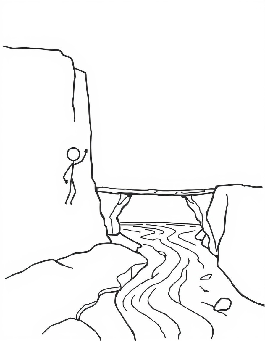 The stick figure encounters a large obstacle like a tall wall or a deep river while traveling. It tries different ways to overcome itclimbing, jumping, or finding a bridge.