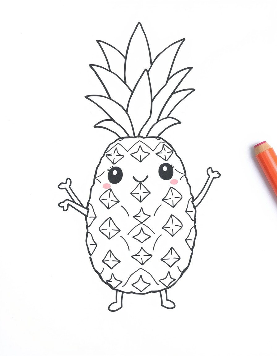 a cute pineapple, with arms eyes and legs, kawaii style