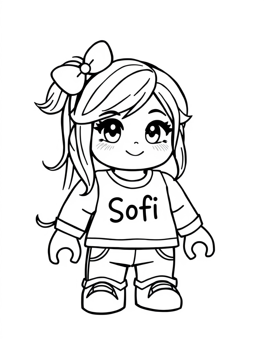 Cute girl in Roblox theme with sign on her t-shirt "Sofi"