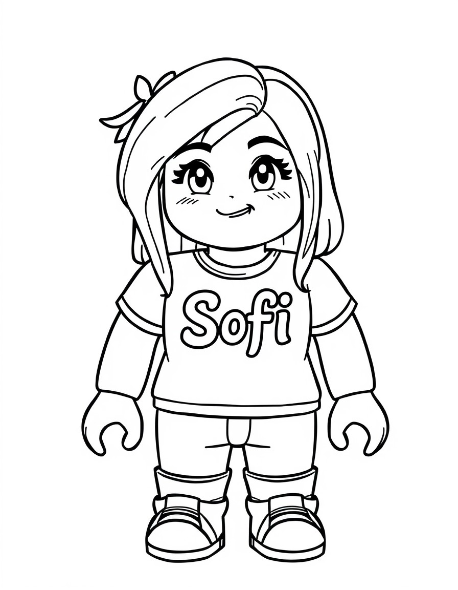 Cute girl in Roblox theme with sign on her t-shirt "Sofi"