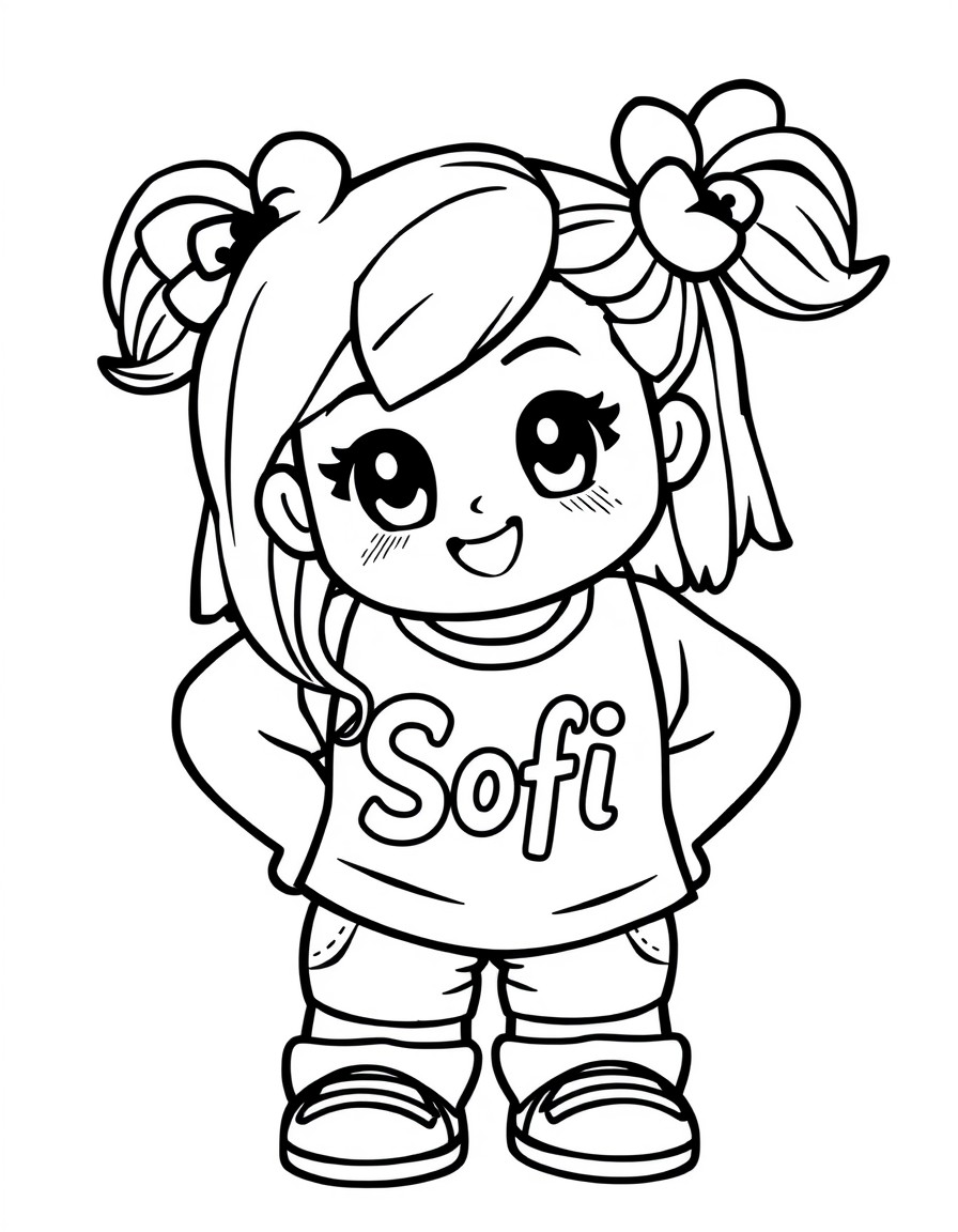 Cute girl in Roblox theme with sign on her t-shirt "Sofi"
