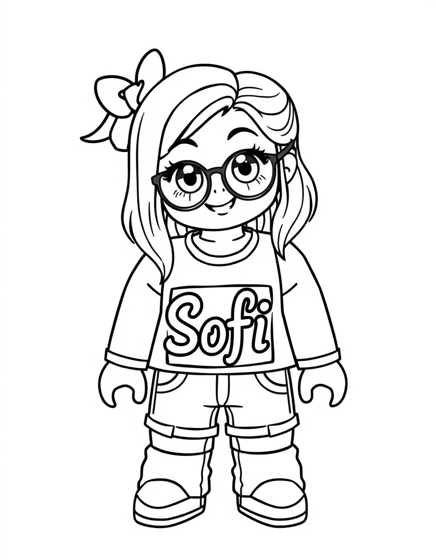 Cute girl in Roblox theme with sign on her t-shirt "Sofi"