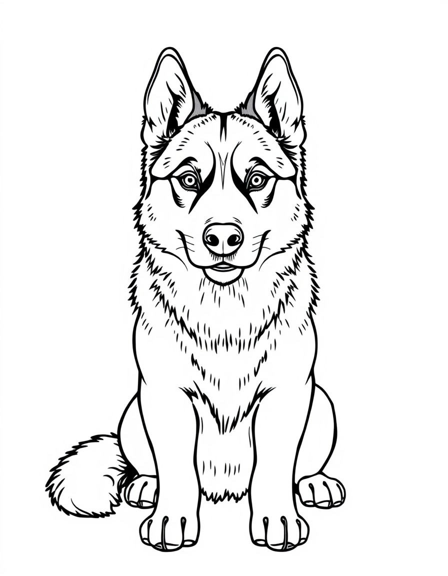 black and white husky in full front view with no clothe on and with sheath and balls between his lags and fur from the tips of his ears all the way down to his feet and he is all male