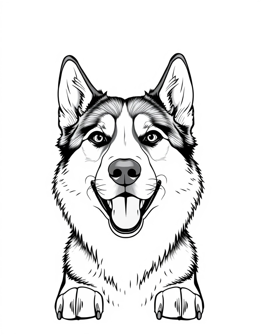 black and white husky in full front view with no clothe on and with sheath and balls between his lags and fur from the tips of his ears all the way down to his feet and he is all male