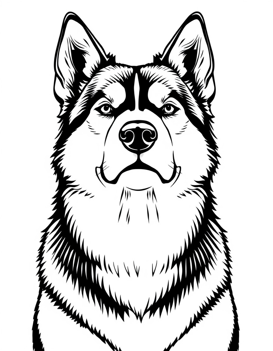 black and white husky in full front view with no clothe on and with sheath and balls between his lags and fur from the tips of his ears all the way down to his feet and he is all male