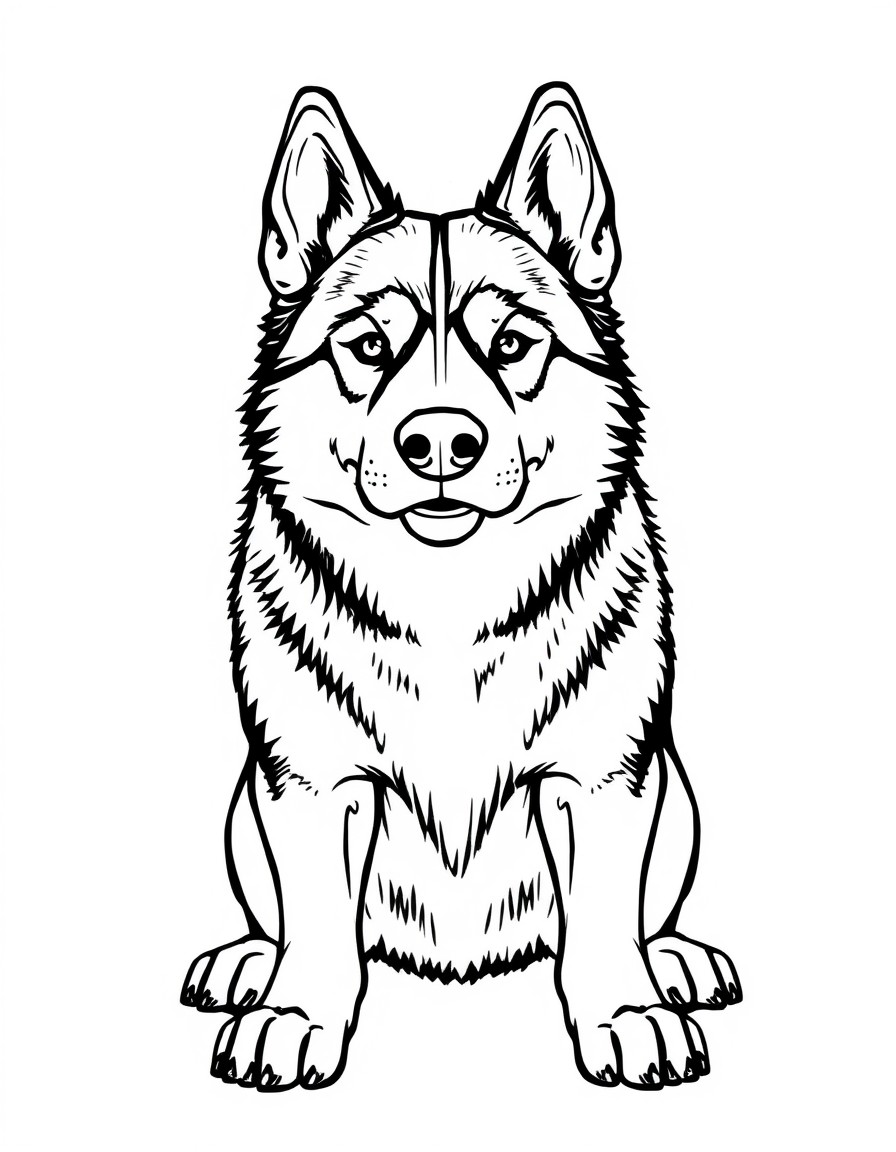black and white husky in full front view with no clothe on and with sheath and balls between his lags and fur from the tips of his ears all the way down to his feet and he is all male