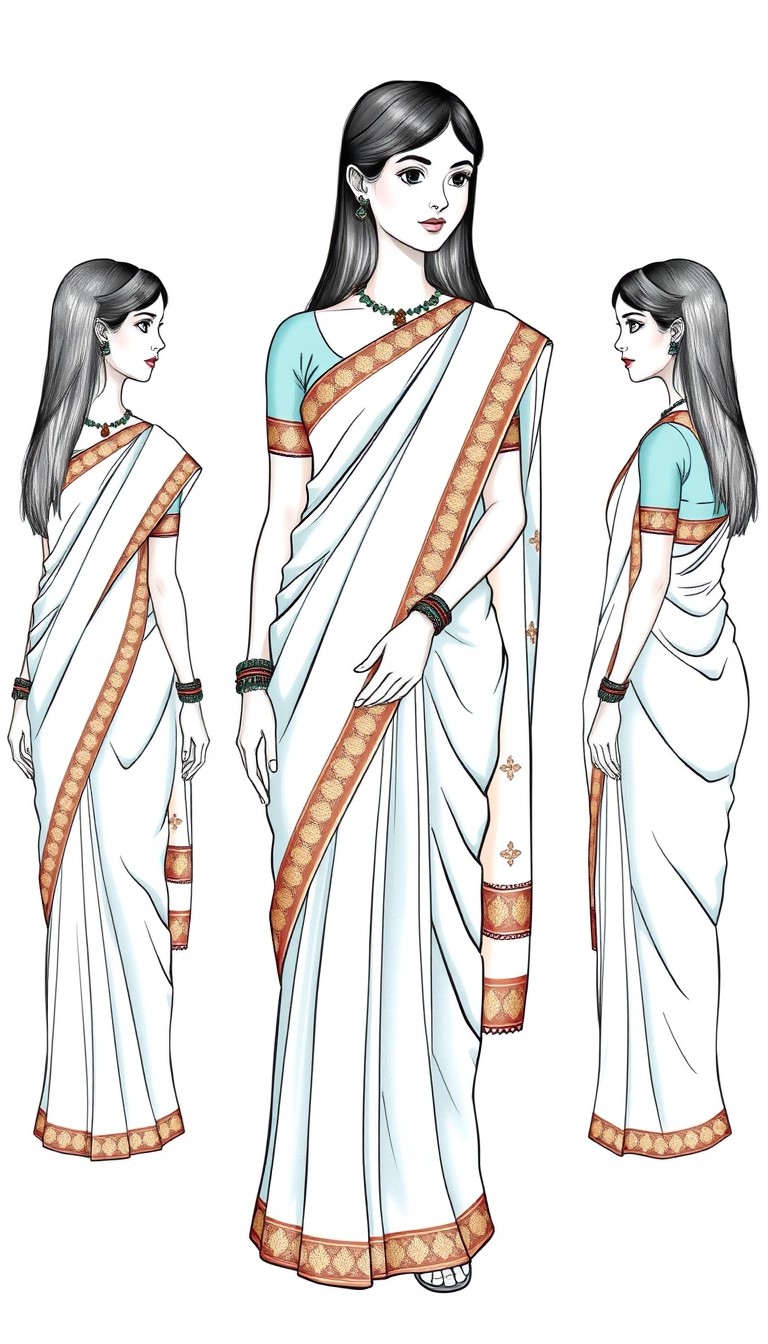 Three views of a young woman, likely South Asian, wearing a light teal colored sari with red and gold borders and embellishments.  The sari is draped in a traditional style.  She has straight, dark ha