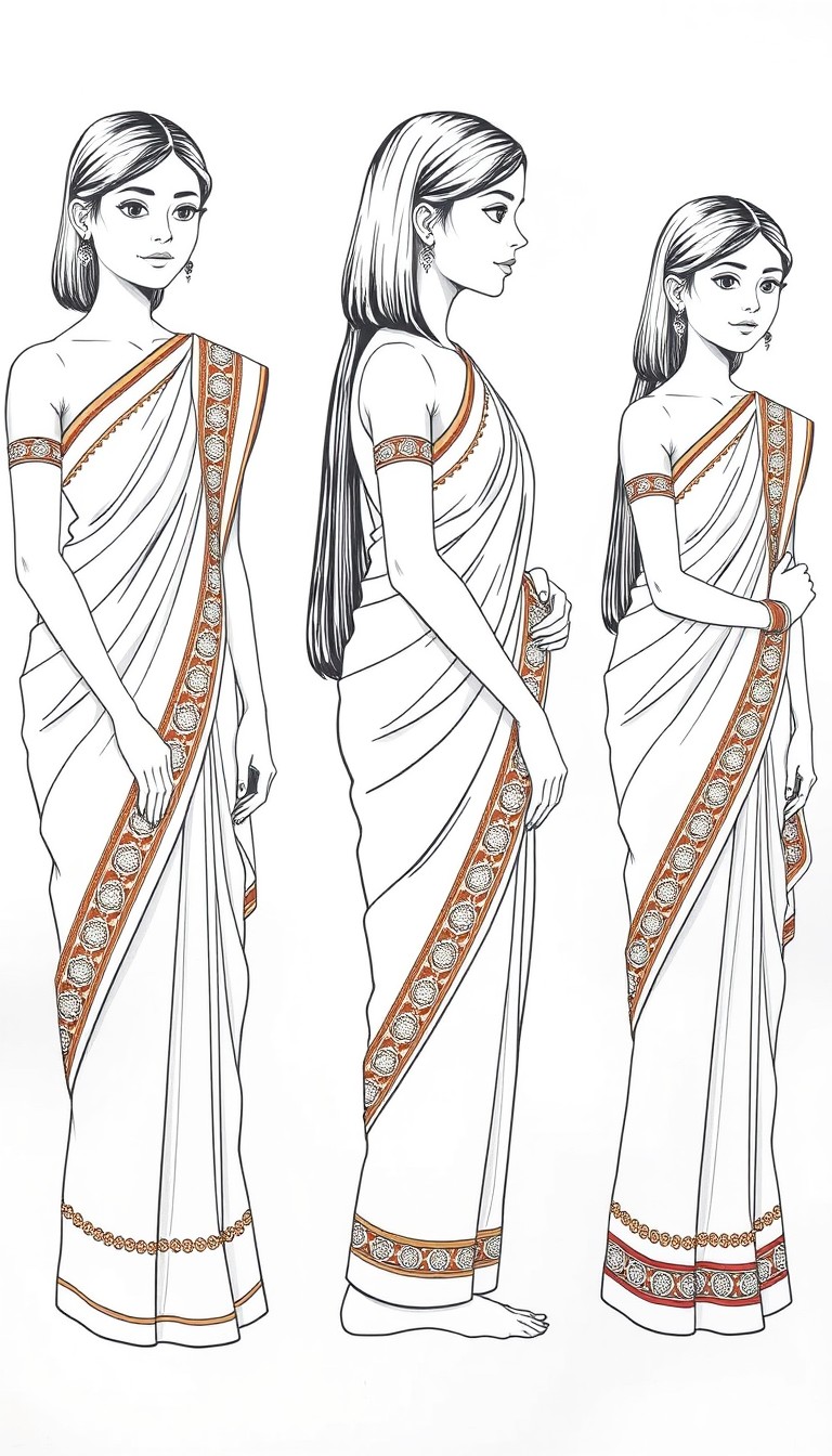 Three views of a young woman, likely South Asian, wearing a light teal colored sari with red and gold borders and embellishments.  The sari is draped in a traditional style.  She has straight, dark ha