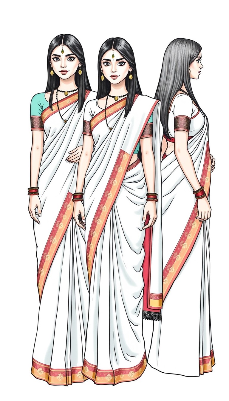 Three views of a young woman, likely South Asian, wearing a light teal colored sari with red and gold borders and embellishments.  The sari is draped in a traditional style.  She has straight, dark ha