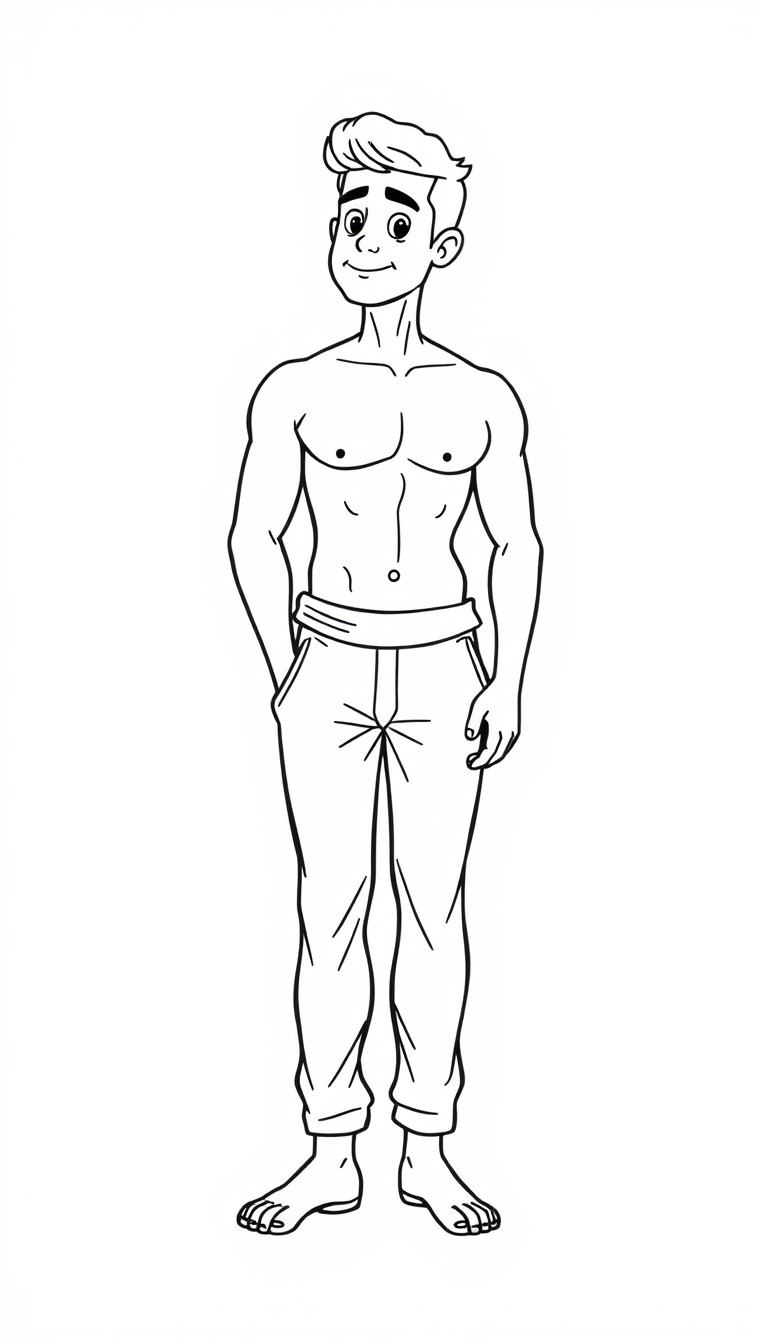 A cartoon illustration of a South Asian man, likely in his 20s or 30s. He is positioned slightly off-center to the left of the image.  The man is depicted from the mid-thigh up, with a full-body view.