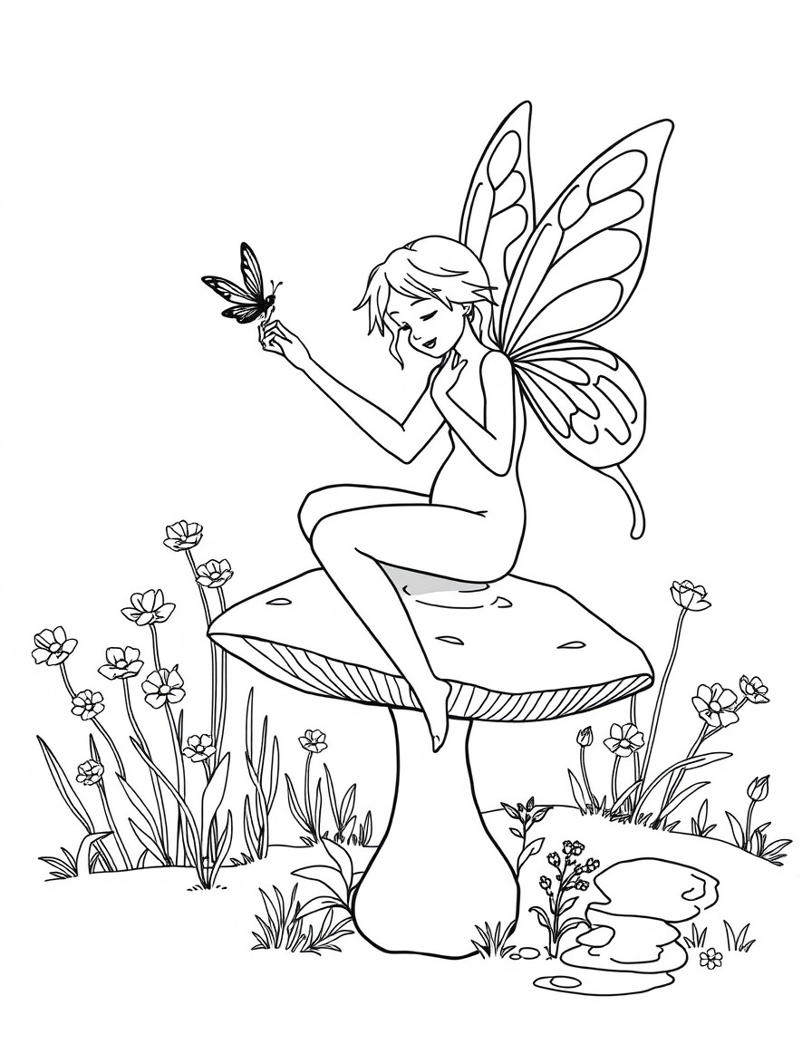 A fairy sitting on a toadstool with a butterfly landing on her hand. Flowers and a small stream in the background.