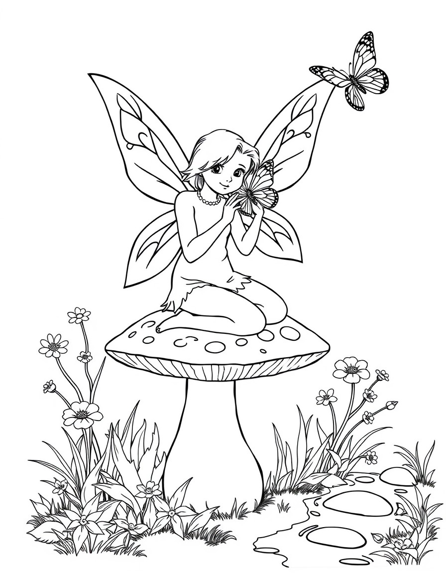 A fairy sitting on a toadstool with a butterfly landing on her hand. Flowers and a small stream in the background.