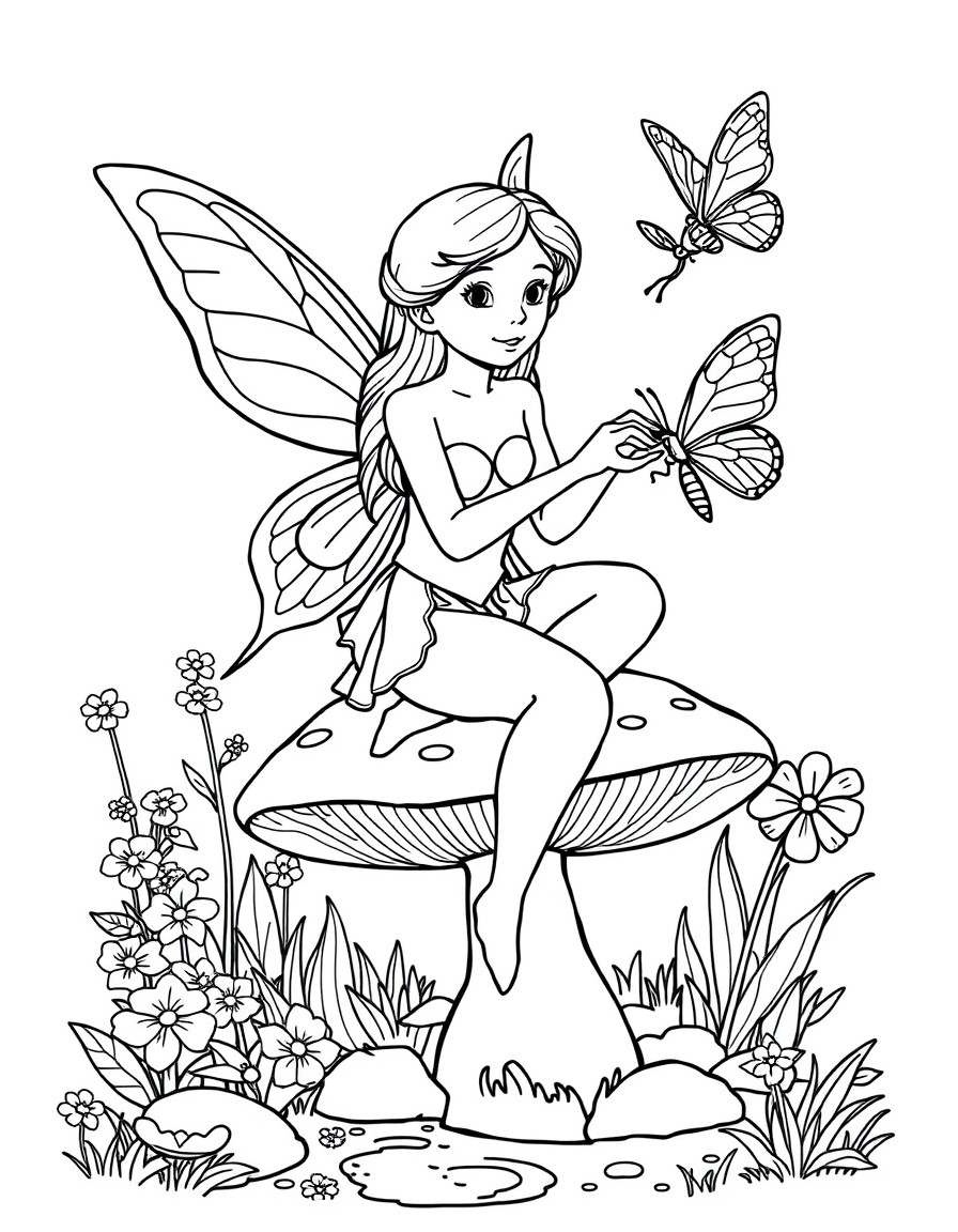 A fairy sitting on a toadstool with a butterfly landing on her hand. Flowers and a small stream in the background.