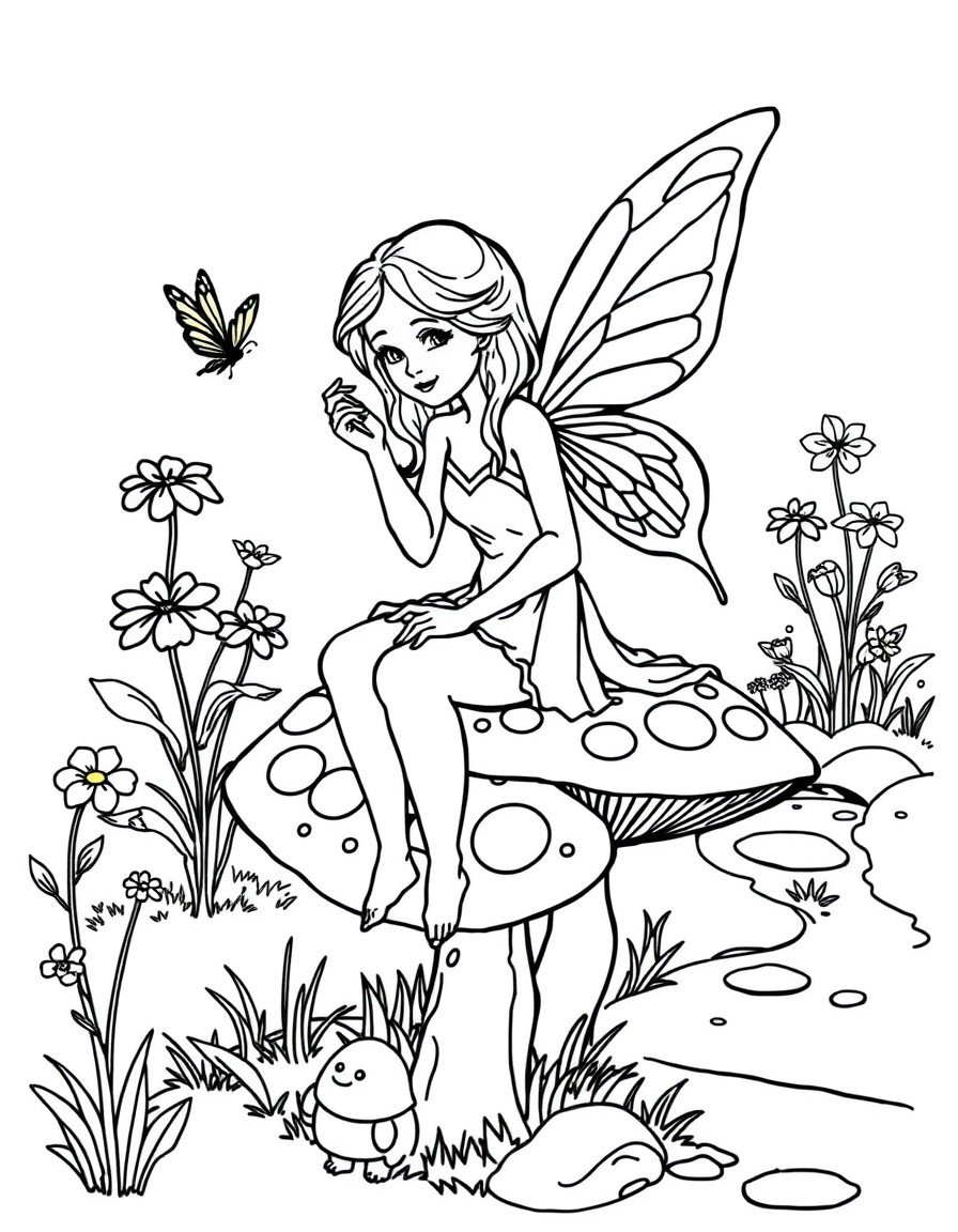 A fairy sitting on a toadstool with a butterfly landing on her hand. Flowers and a small stream in the background.