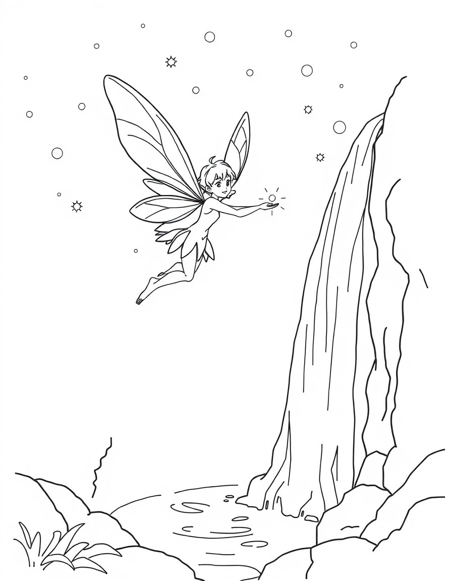 A fairy flying near a sparkling waterfall, with magical glowing orbs around her.