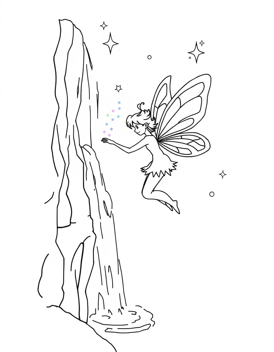 A fairy flying near a sparkling waterfall, with magical glowing orbs around her.