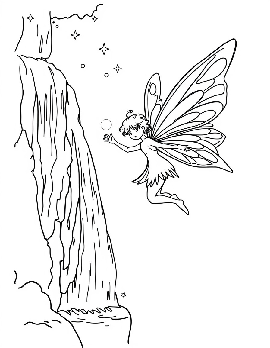 A fairy flying near a sparkling waterfall, with magical glowing orbs around her.