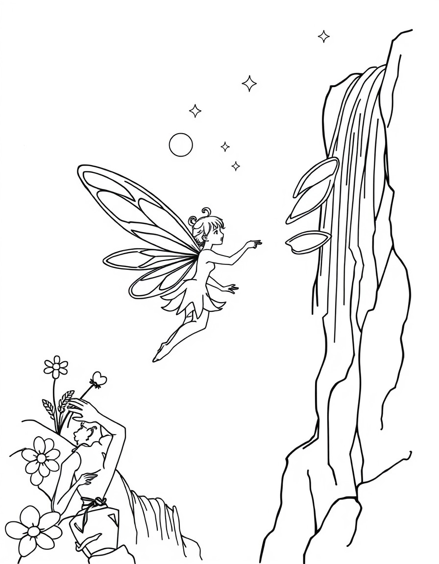 A fairy flying near a sparkling waterfall, with magical glowing orbs around her.