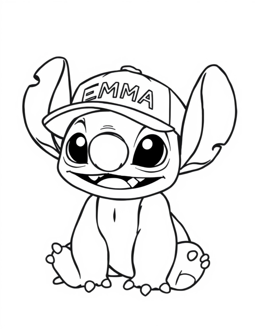 A cute Stitch with a cap that has the name 'EMMA' on it