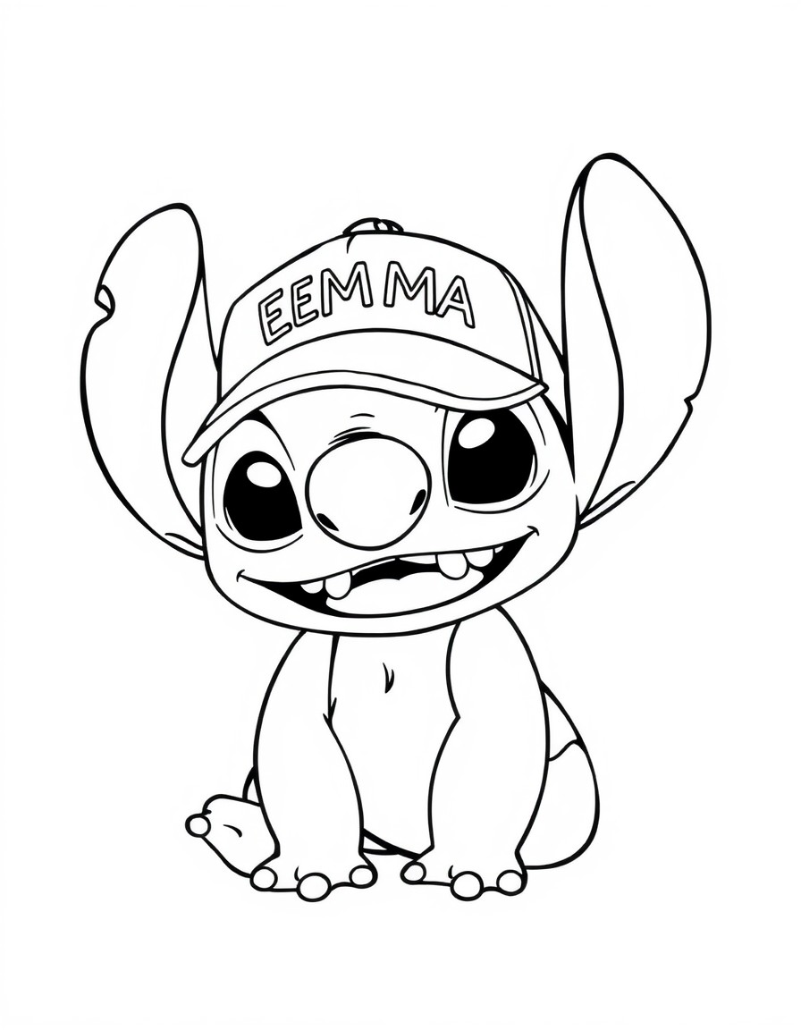 A cute Stitch with a cap that has the name 'EMMA' on it