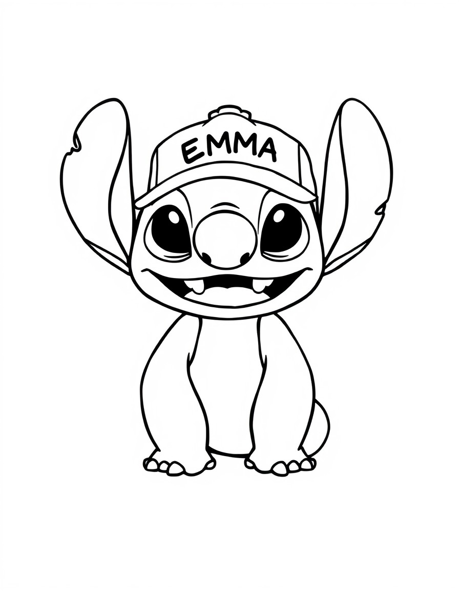 A cute Stitch with a cap that has the name 'EMMA' on it