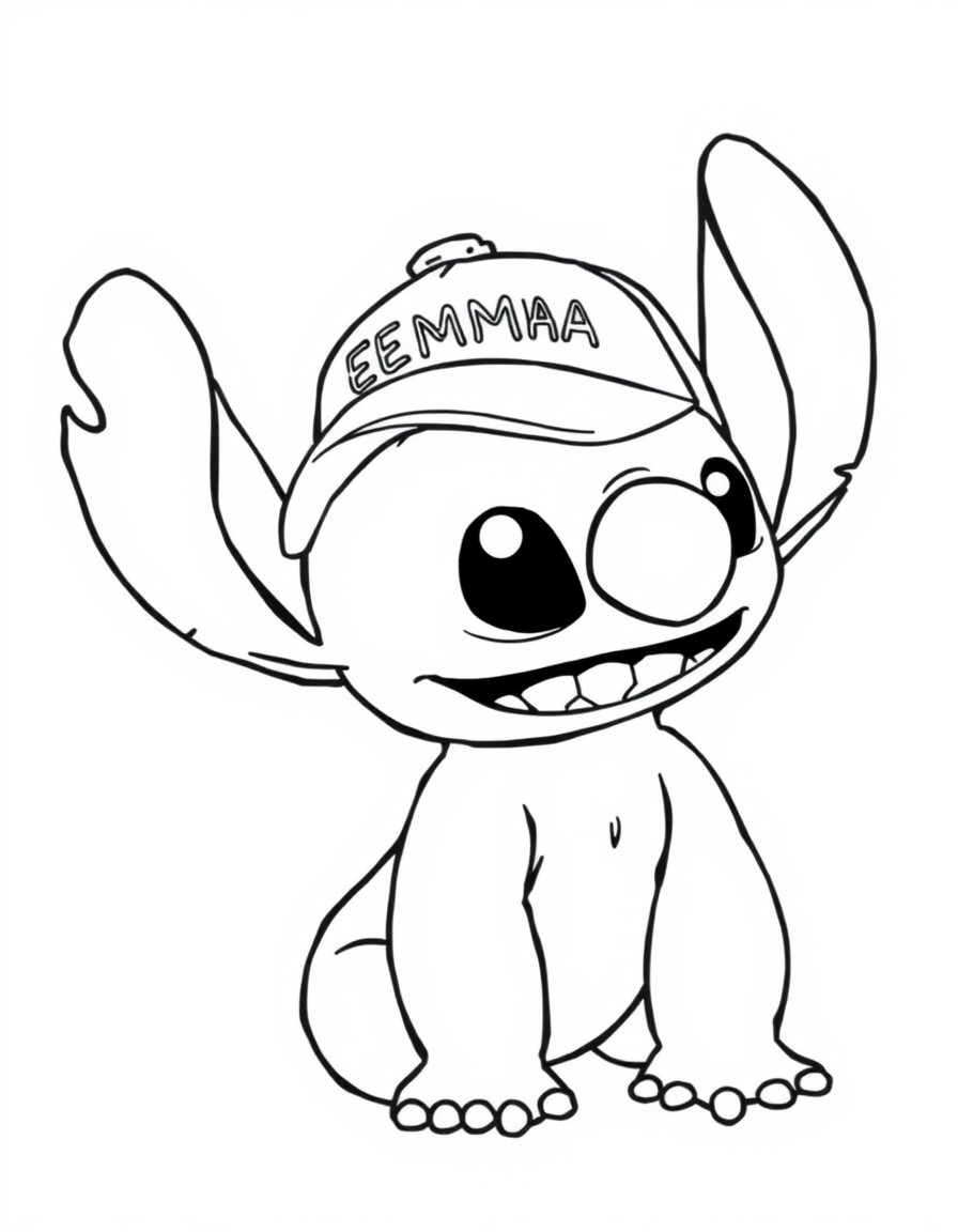 A cute Stitch with a cap that has the name 'EMMA' on it