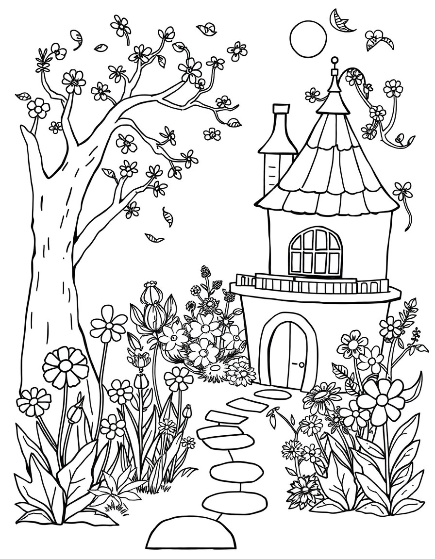 Painting a secret garden requires different flowers, houses and characters