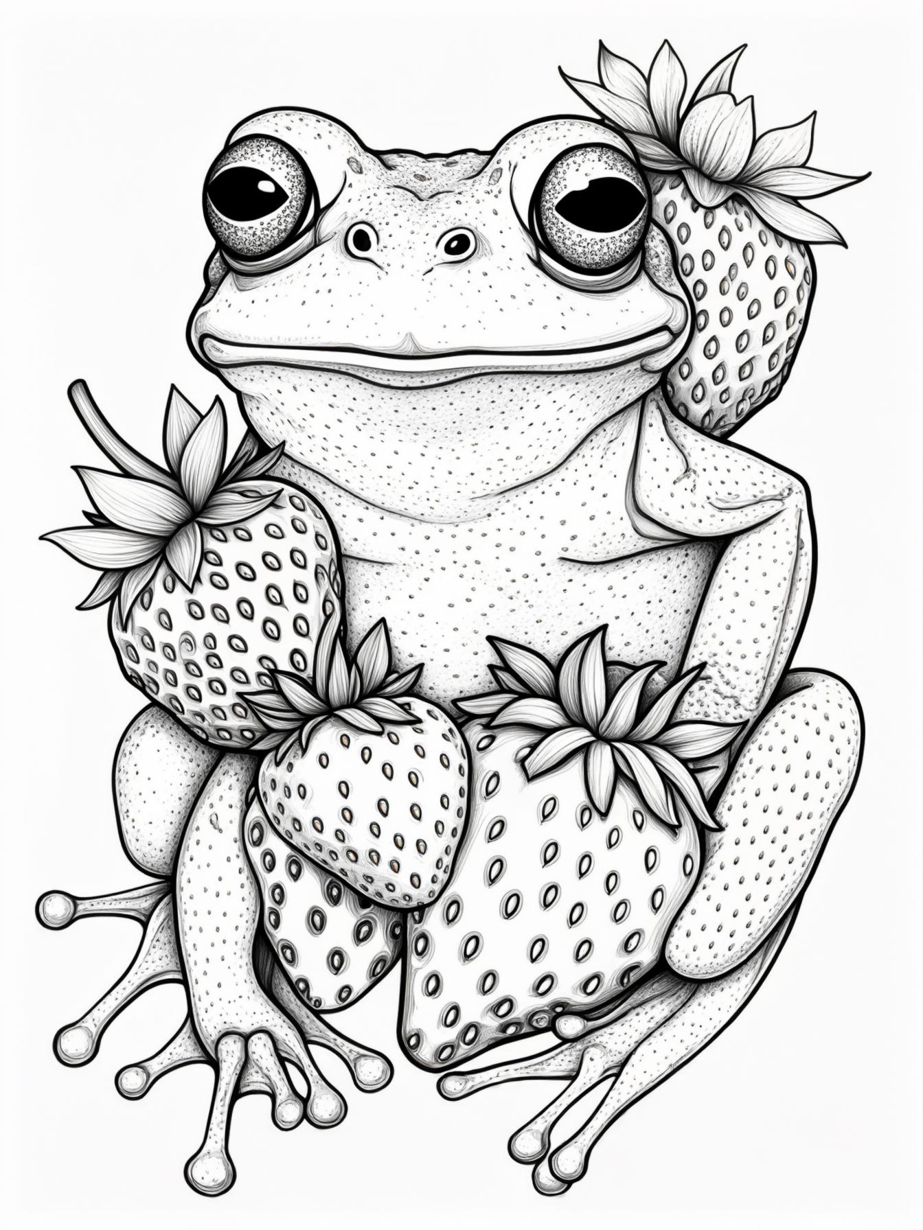 round cute frogs with strawberries on them, detailed illustration