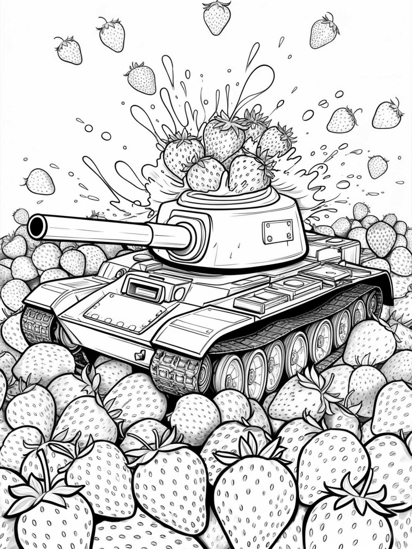 a simplified, cartoon, tank in a middle of huge strawberries around him, some big strawberry smashed on top of a tank