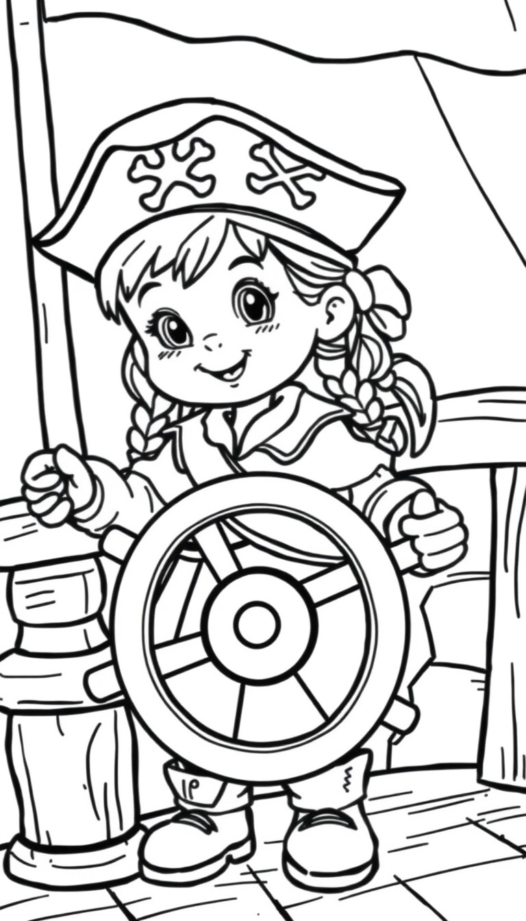 Cute toddler girl dressed as a pirate at the helm of a wooden pirate ship