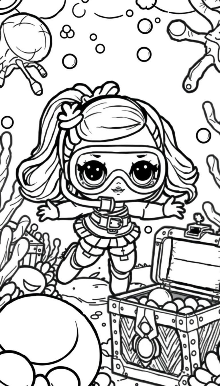LOL Surprise doll scuba diving around sunken treasure chests and gleaming pearls