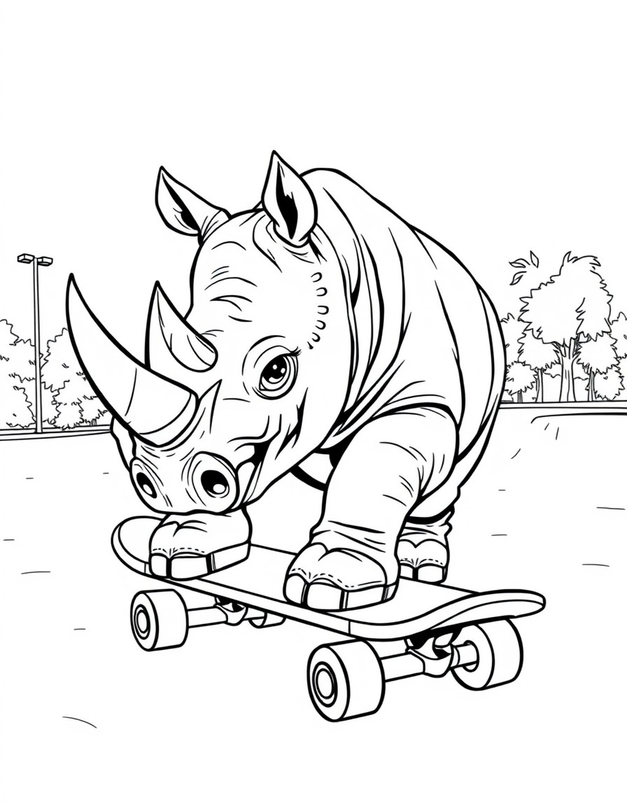 Humanoid rhino dressed like a skater on a skateboard at a skatepark