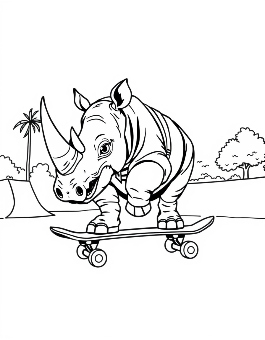 Humanoid rhino dressed like a skater on a skateboard at a skatepark