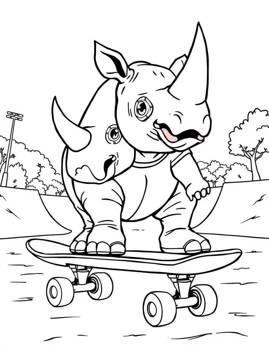 Humanoid rhino dressed like a skater on a skateboard at a skatepark