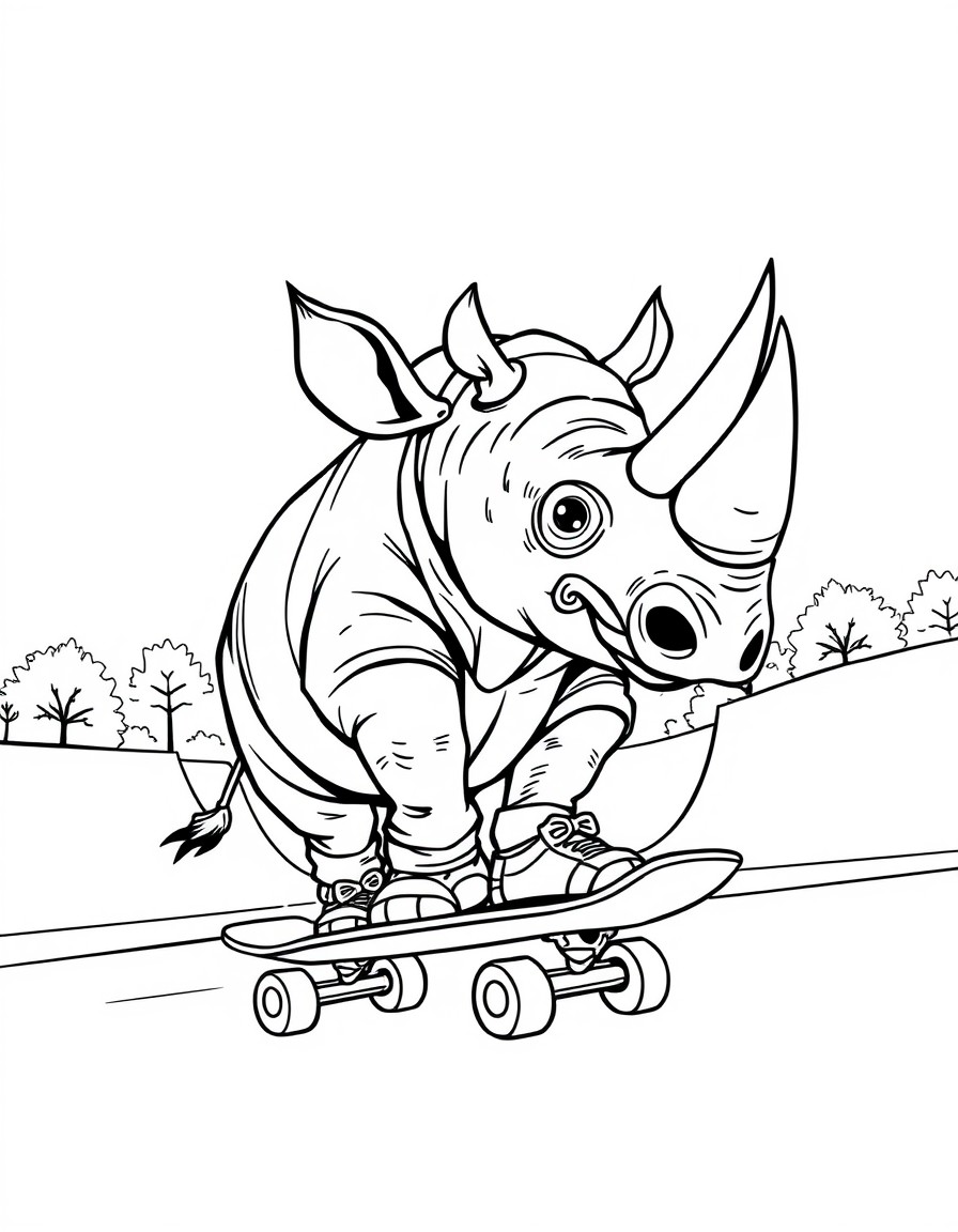 Humanoid rhino dressed like a skater on a skateboard at a skatepark